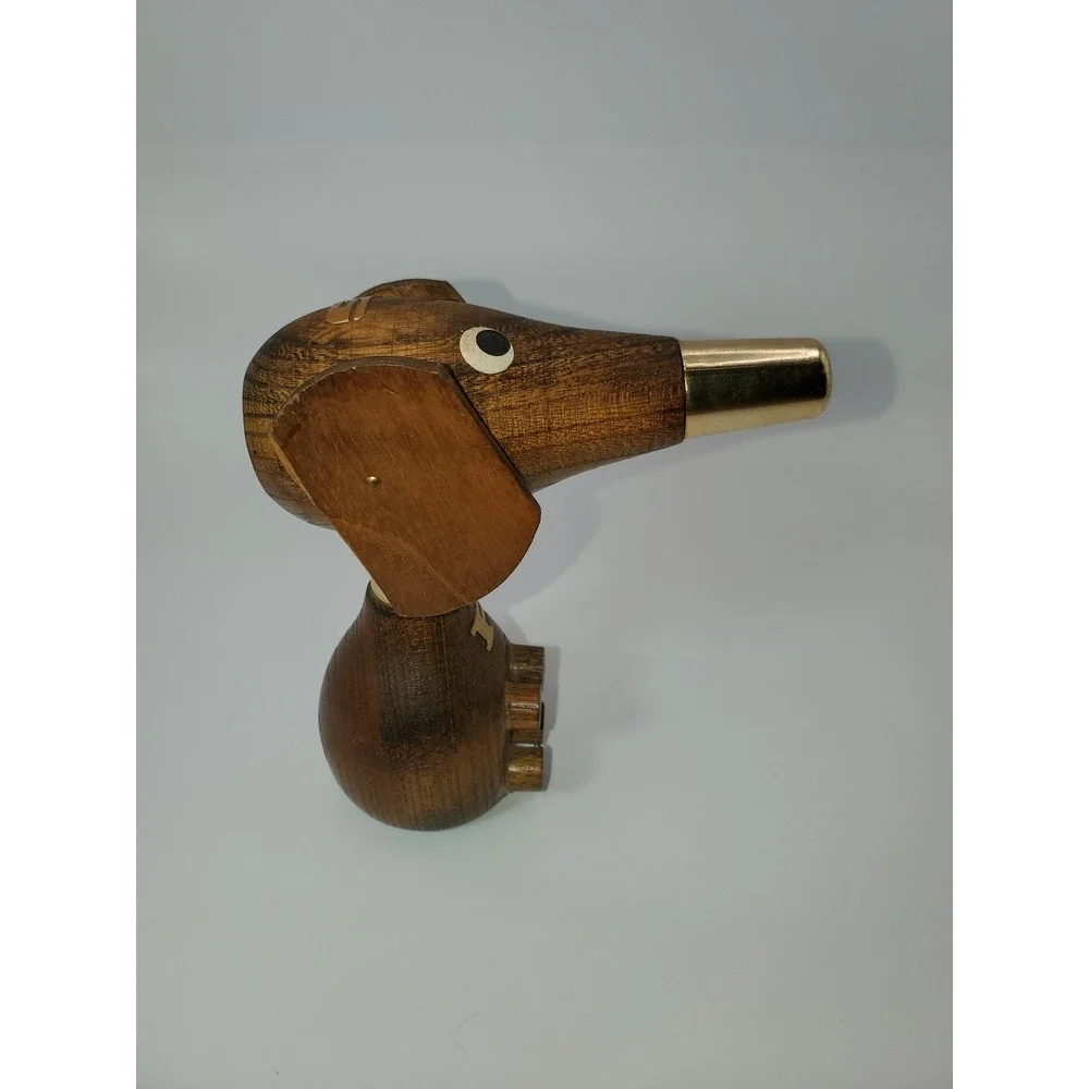 Vintage Mid Century Modern Wood Dachshund Salt and Pepper Shaker Set Brown Gold